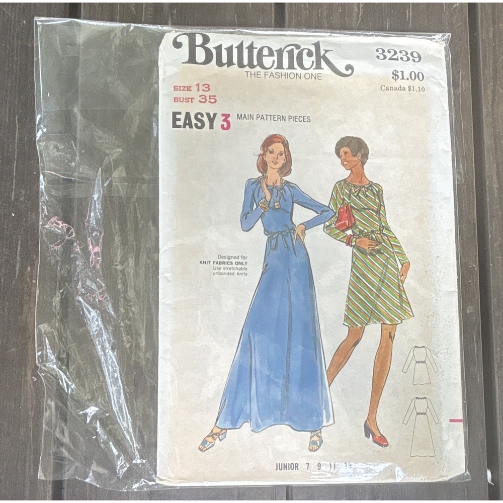 Vintage 1970s Butterick 3239 Junior Dress Sewing Pattern Size 13